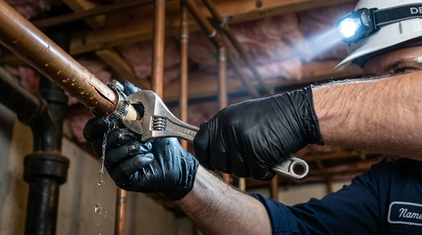 Emergency pipe clamp repair being performed by a Johns Plumbing LLC plumber in Albuquerque