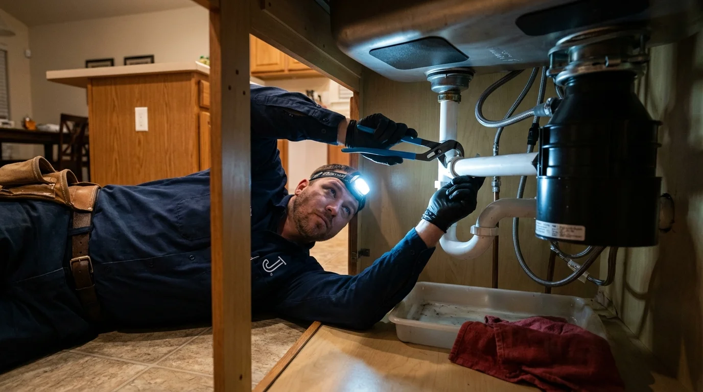 P-trap and supply line connections under a kitchen sink showing a common leak point in Albuquerque, NM